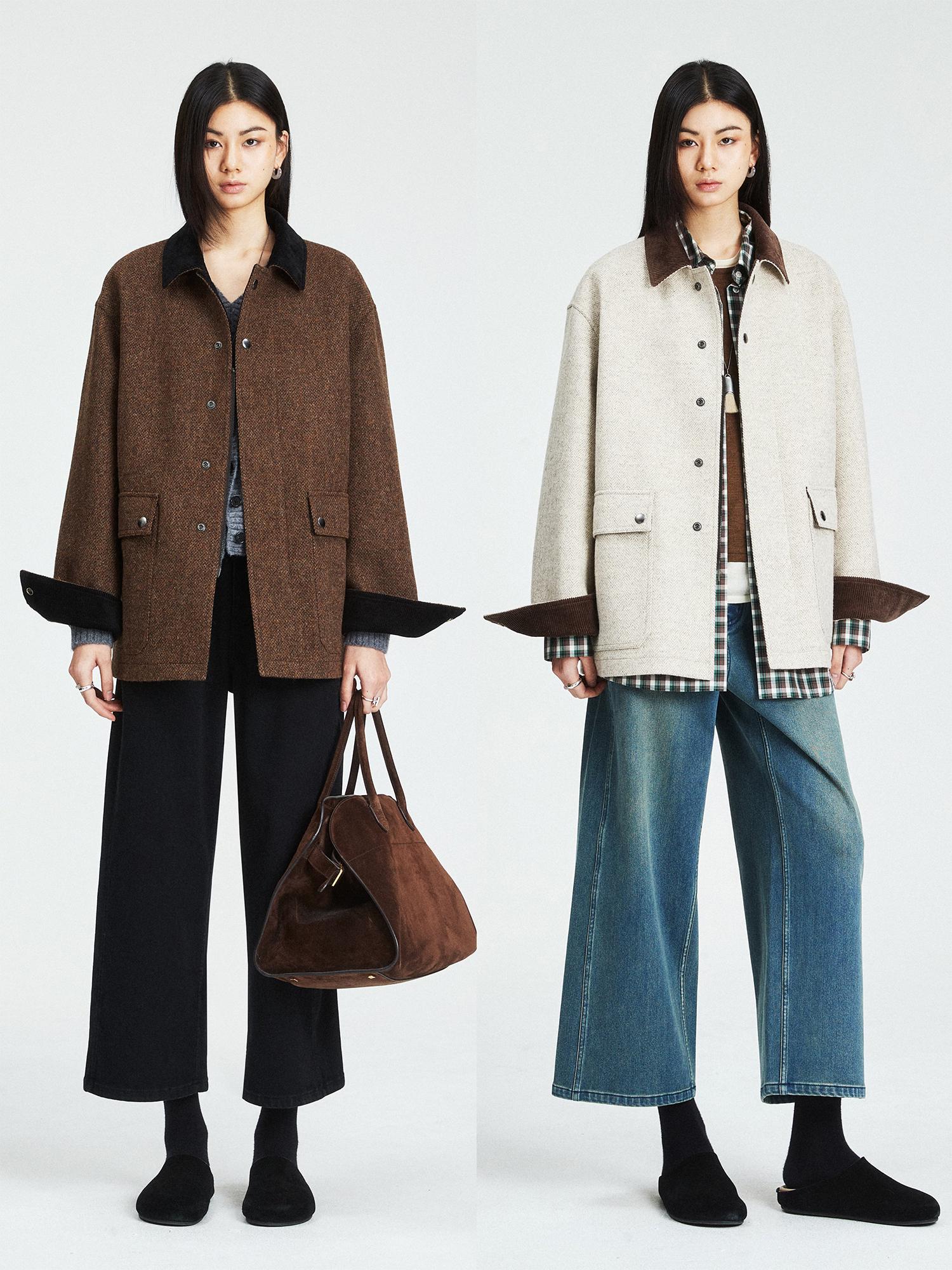 British Harris Tweed Wool Jacket | Barn Coat with Corduroy Collar | MRS Studios