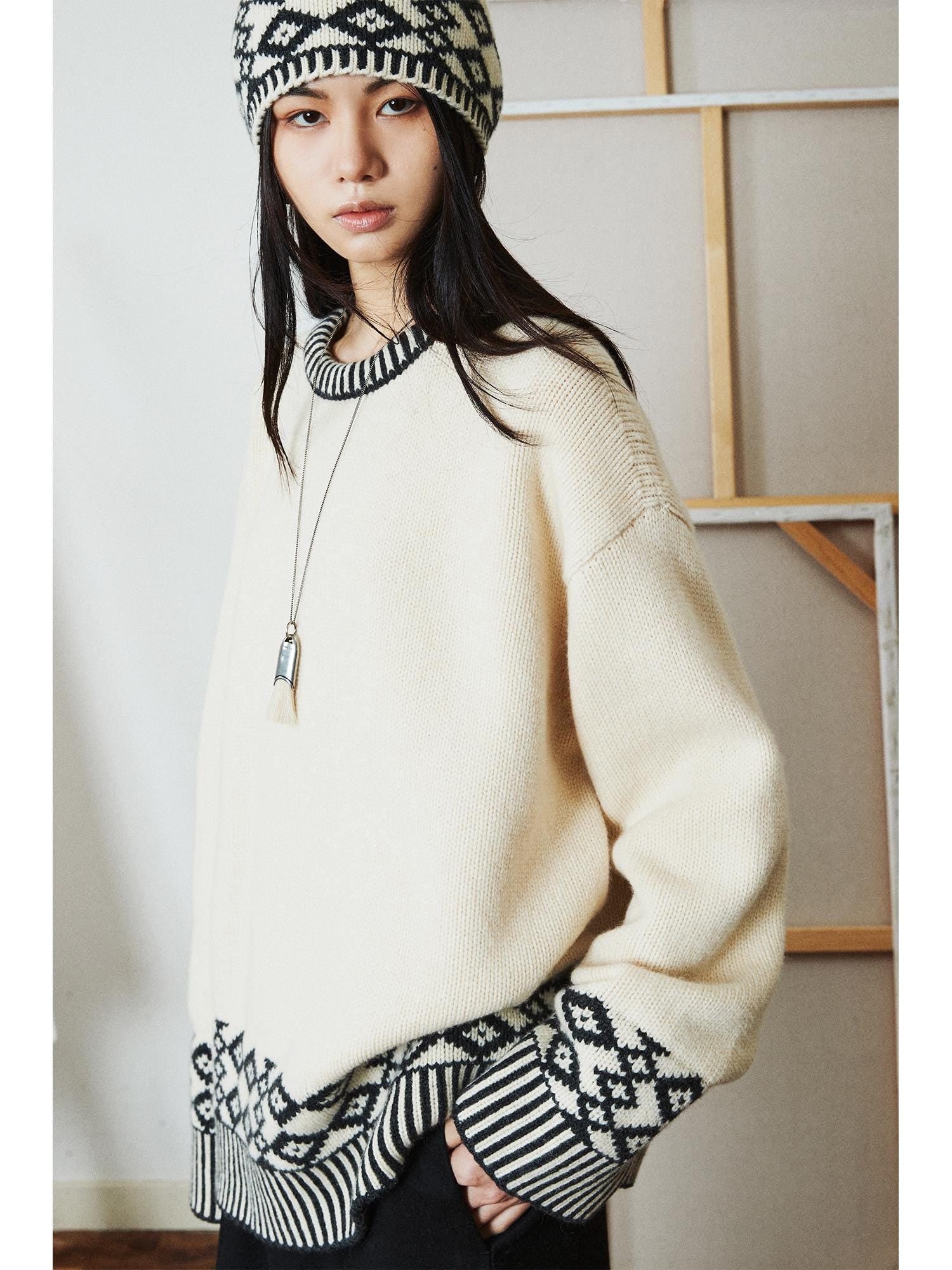 British Wool Pullover & Hat Set | Scotland-Inspired Design | Retro Geometric Jacquard Knit Sweater | Fair Island Style | MRS Studios