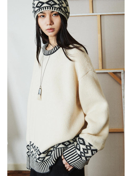 British Wool Pullover & Hat Set | Scotland-Inspired Design | Retro Geometric Jacquard Knit Sweater | Fair Island Style | MRS Studios