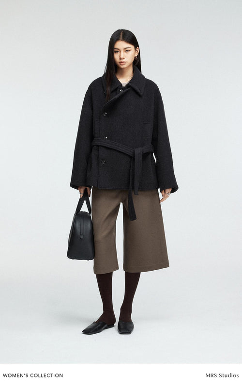 Alpaca Wool Blend Short Coat | Loose Double-Breasted Placket | Wide Lapel & Drop-Shoulder | Women Coat | MRS Studios