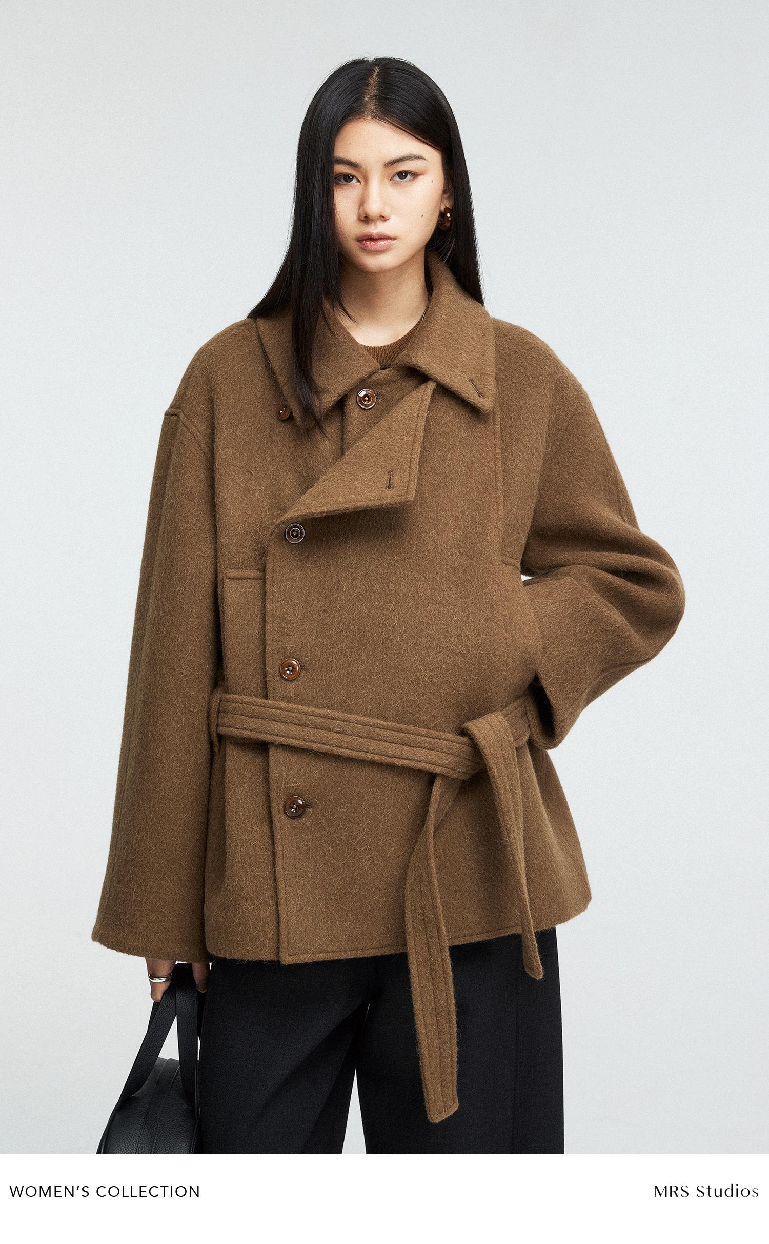 Alpaca Wool Blend Short Coat | Loose Double-Breasted Placket | Wide Lapel & Drop-Shoulder | Women Coat | MRS Studios