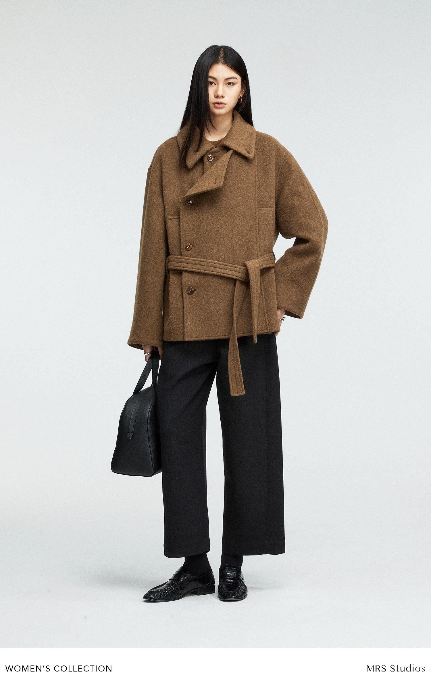 Alpaca Wool Blend Short Coat | Loose Double-Breasted Placket | Wide Lapel & Drop-Shoulder | Women Coat | MRS Studios