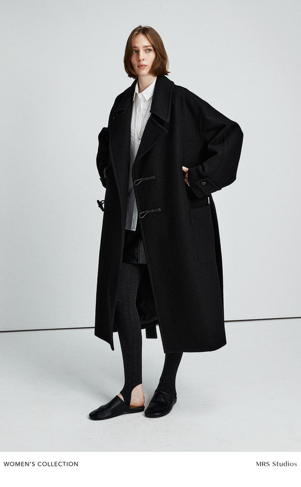 Long Asymmetric Toggle Wool Coat | Wooden Horn Buttons | Stand & Fold Collar Design | Long Length | Structured Oversized Fit | MRS Studios