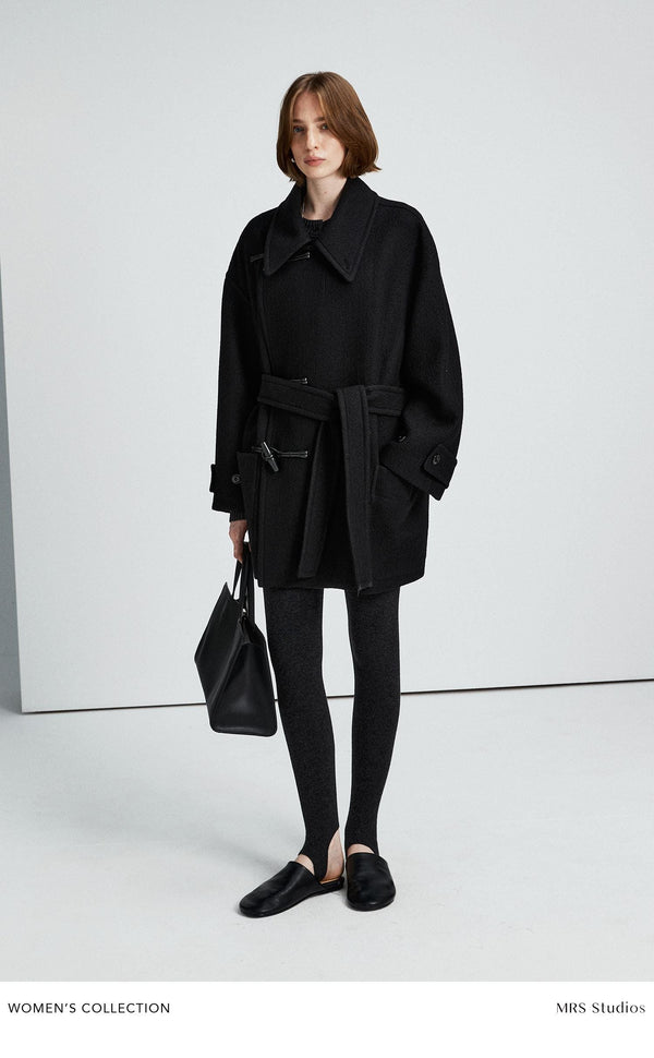 Medium Asymmetric Toggle Wool Coat | Wooden Horn Buttons | Stand & Fold Collar Design | Mid-Length | Structured Oversized Fit | MRS Studios