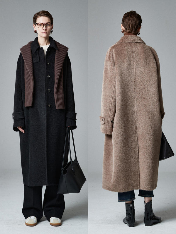 Italian Alpaca Wool Long Coat | Clara Oversized Single Breasted Design | Straight Fit | MRS Studios