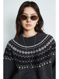 Shetland Fair Isle Wool Sweater | Speckled Yarn Knit | Raglan Sleeve Pullover | Double Rib Round Neck | Women Knitwear | MRS Studios