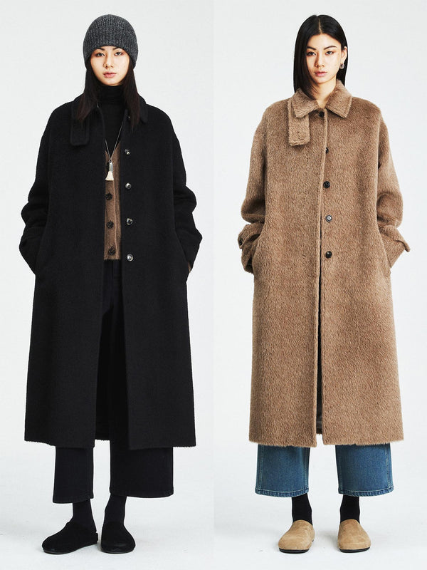 Italian Alpaca Wool Long Coat | Clara Oversized Single Breasted Design | Straight Fit | MRS Studios