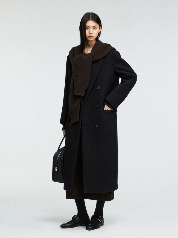 Long Cashmere Wool Blend Coat | H-Line Double Breasted Design | Straight Fit with Notch Lapel | Women Coat | MRS Studios