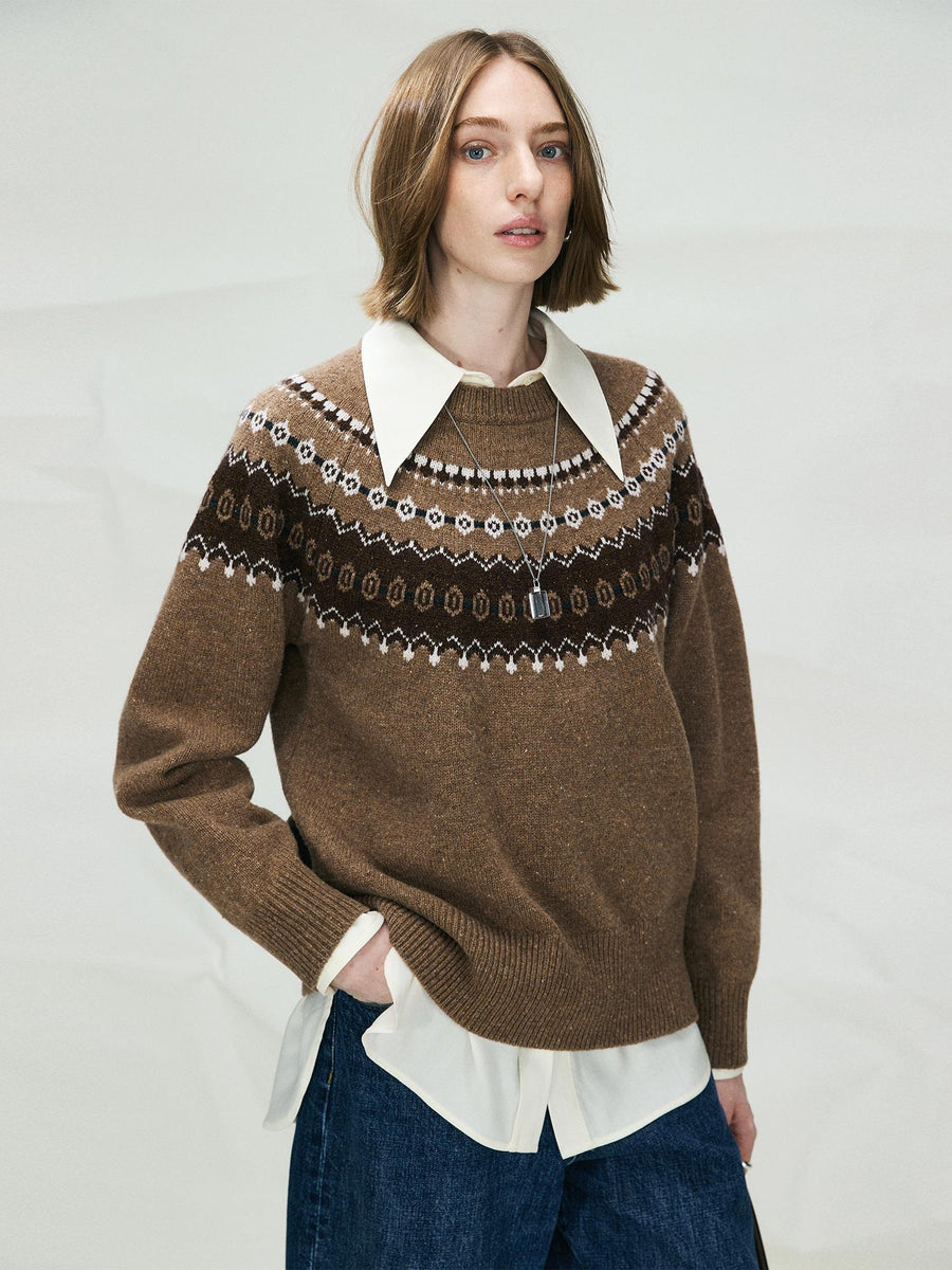Shetland Fair Isle Wool Sweater | Speckled Yarn Knit | Raglan Sleeve Pullover | Double Rib Round Neck | Women Knitwear | MRS Studios