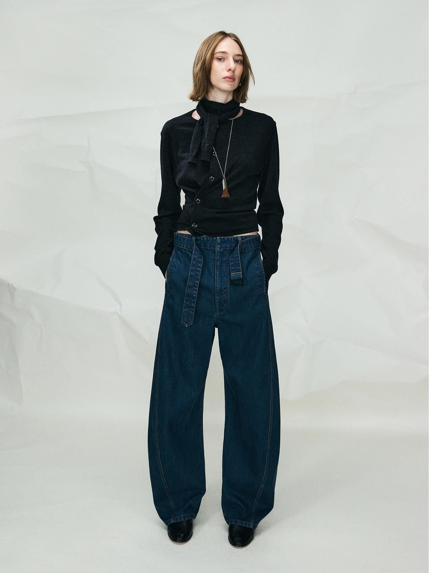 Curved Seam Cotton Jeans | Adjustable Waistband | Asymmetric Design | Straight-Leg Pants | Women Pants | MRS Studios