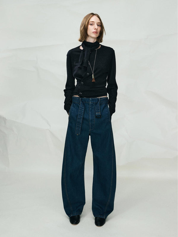 Curved Seam Cotton Jeans | Adjustable Waistband | Asymmetric Design | Straight-Leg Pants | Women Pants | MRS Studios