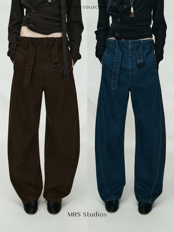 Curved Seam Cotton Jeans | Adjustable Waistband | Asymmetric Design | Straight-Leg Pants | Women Pants | MRS Studios