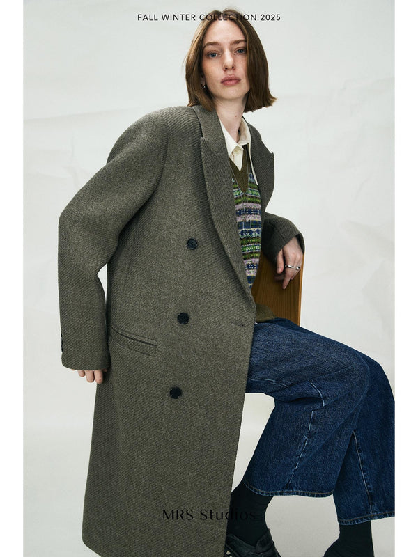 Italian ANGELICO 100% Wool Long Coat | Double-Breasted Tailored Overcoat | Timeless Minimalist Design | MRS Studios