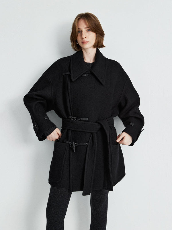 Medium Asymmetric Toggle Wool Coat | Wooden Horn Buttons | Stand & Fold Collar Design | Mid-Length | Structured Oversized Fit | MRS Studios