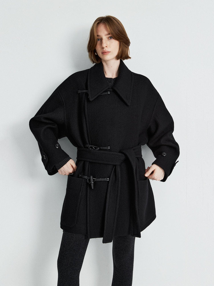Medium Asymmetric Toggle Wool Coat | Wooden Horn Buttons | Stand & Fold Collar Design | Mid-Length | Structured Oversized Fit | MRS Studios