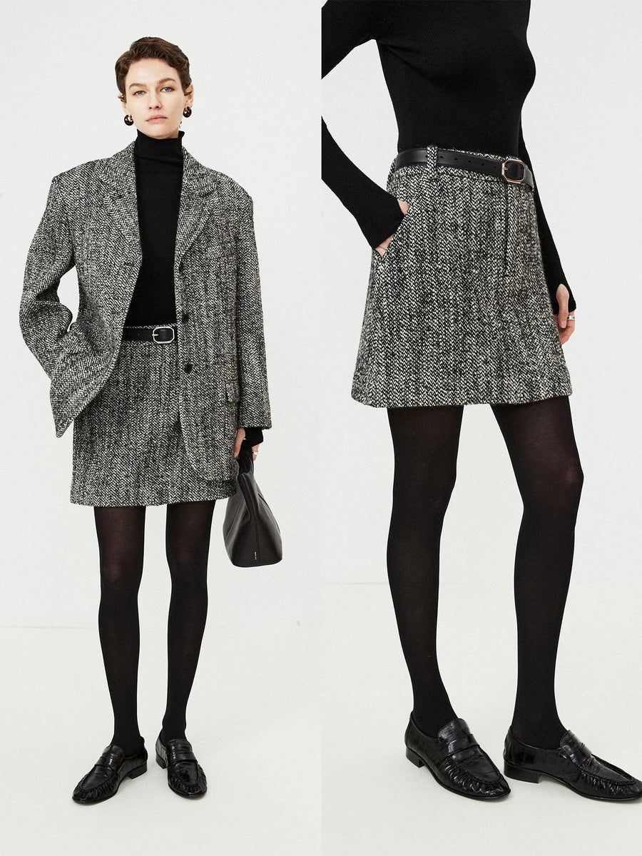 Italian Wool Textured Blazer & Mini Skirt Set | Three-Button Tailored Jacket | Vintage Tweed | Women Suit Set | MRS Studios