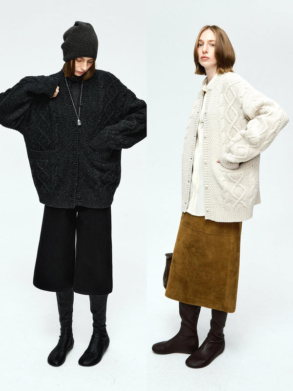 Aran-Knit Wool Cardigan | Textured Knit | Speckled Yarn | Irish Style | Women’s Wool Sweater | MRS Studios