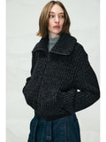 Chunky Wool Yak Blend High Collar Cardigan | Ribbed Knit | Cropped T-Silhouette | Women Knitwear | MRS Studios