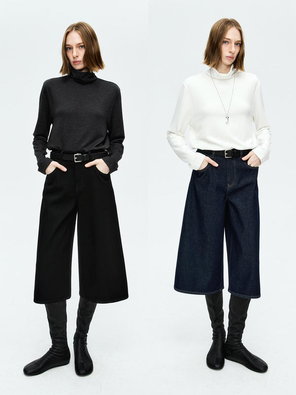 Fleece-Backed Denim A-Line Cropped Jeans | Eco Heat-Locking Weave | 7/10 Wide Leg | Women Jeans | MRS Studios