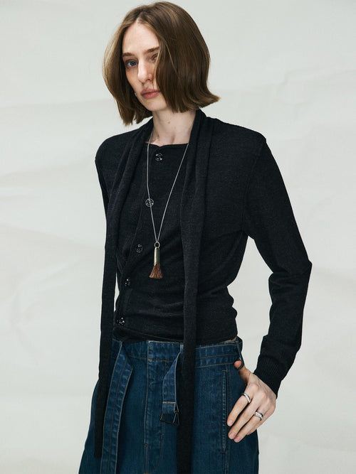 Asymmetric Wool Knit Cardigan | Drape Collar | Slanted Button Design | Sculpted Fit | Women Cardigan | MRS Studios