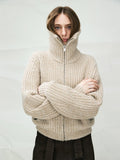 Chunky Wool Yak Blend High Collar Cardigan | Ribbed Knit | Cropped T-Silhouette | Women Knitwear | MRS Studios