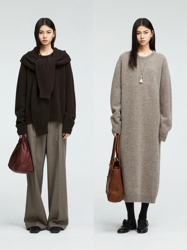 Yak Wool Blend Knit Set | Crewneck Sweater, Dress and Hooded Scarf | Soft Lofty Texture | Women Knitwear | MRS Studios