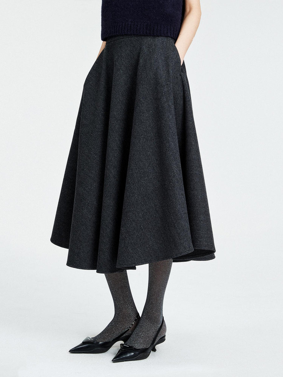 Herringbone Wool A-Line Midi Skirt | Structured Flared Silhouette | High-Waist Design | Women’s Skirt | MRS Studios