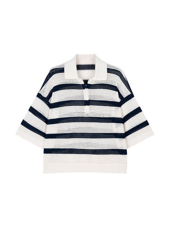 Washi Paper Yarn Knit Polo | Open-Mesh Stripes | Drop-Shoulder Mid-Sleeve | Women Knitwear | MRS Studios