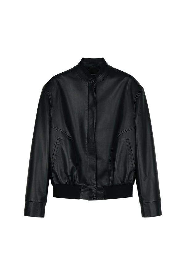 Uncoated Lambskin Baseball-Collar Jacket | Soft First-Layer Leather | Stand Collar & Zip Front | Women Jacket | MRS Studios