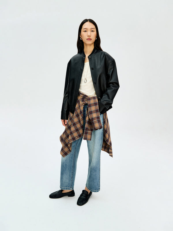 Uncoated Lambskin Baseball-Collar Jacket | Soft First-Layer Leather | Stand Collar & Zip Front | Women Jacket | MRS Studios