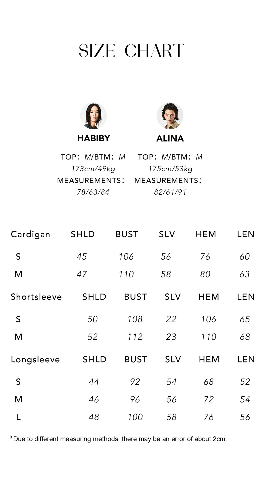 Size chart for Brushed Cotton Knit Tee, Long Sleeve Tee & Cardigan