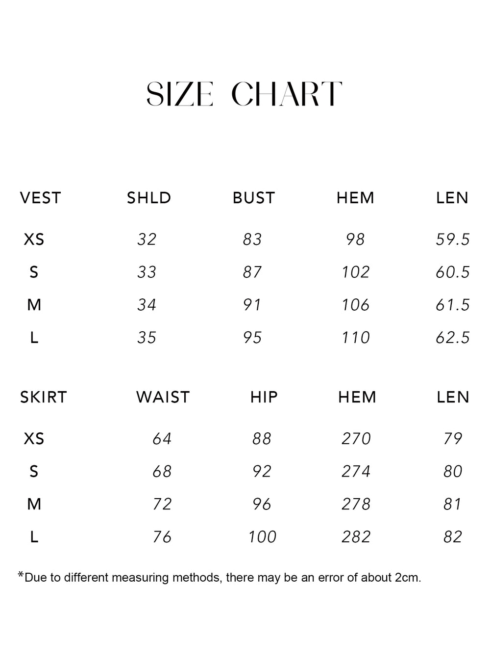 Size chart for Vest & Fishtail Skirt