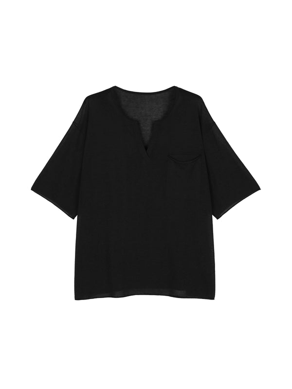 Acetate Linen Knit Top | Henley V-Neck | Pocket Detail | Women Knitwear | MRS Studios